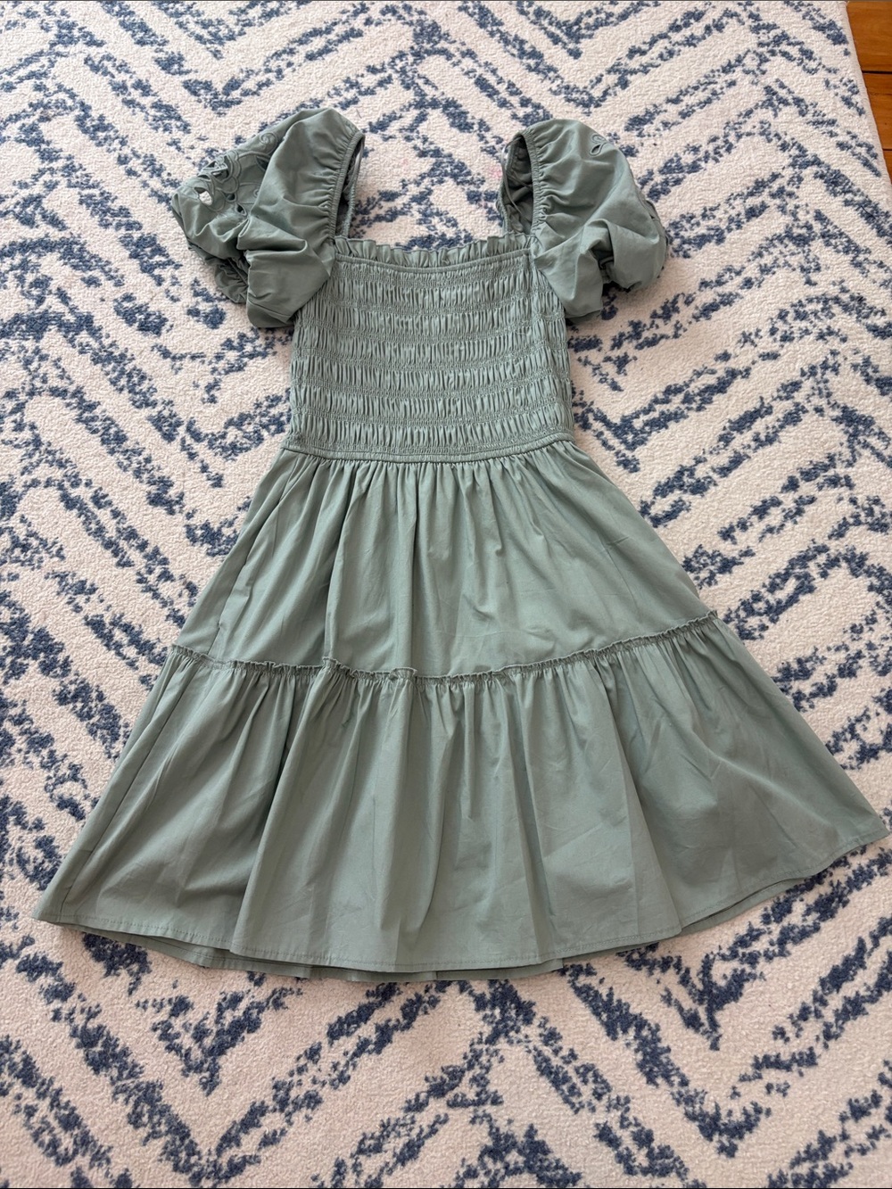 Francesca's Collections Sage Green Smocked Puff-Sleeve Girls Dress